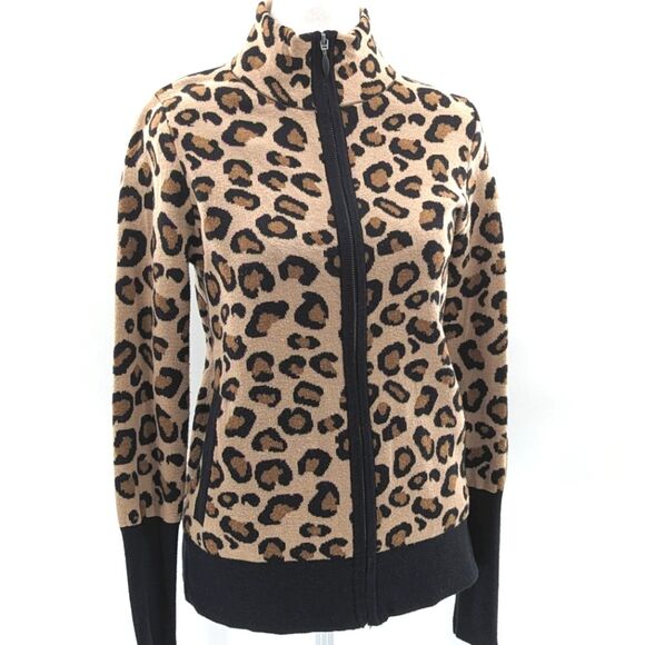 Rachel Zoe Leopard Mock Neck Zip-Up Long Sleeve Cardigan Sweater Size XS - Picture 1 of 5